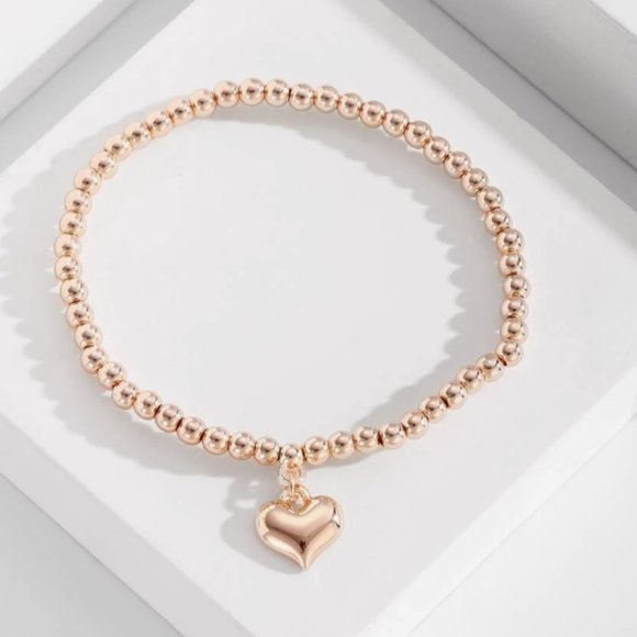 Jewelry - Rose Gold Bead Strech Bracelet Beaded Heart Charm Bracelet Gift For Her